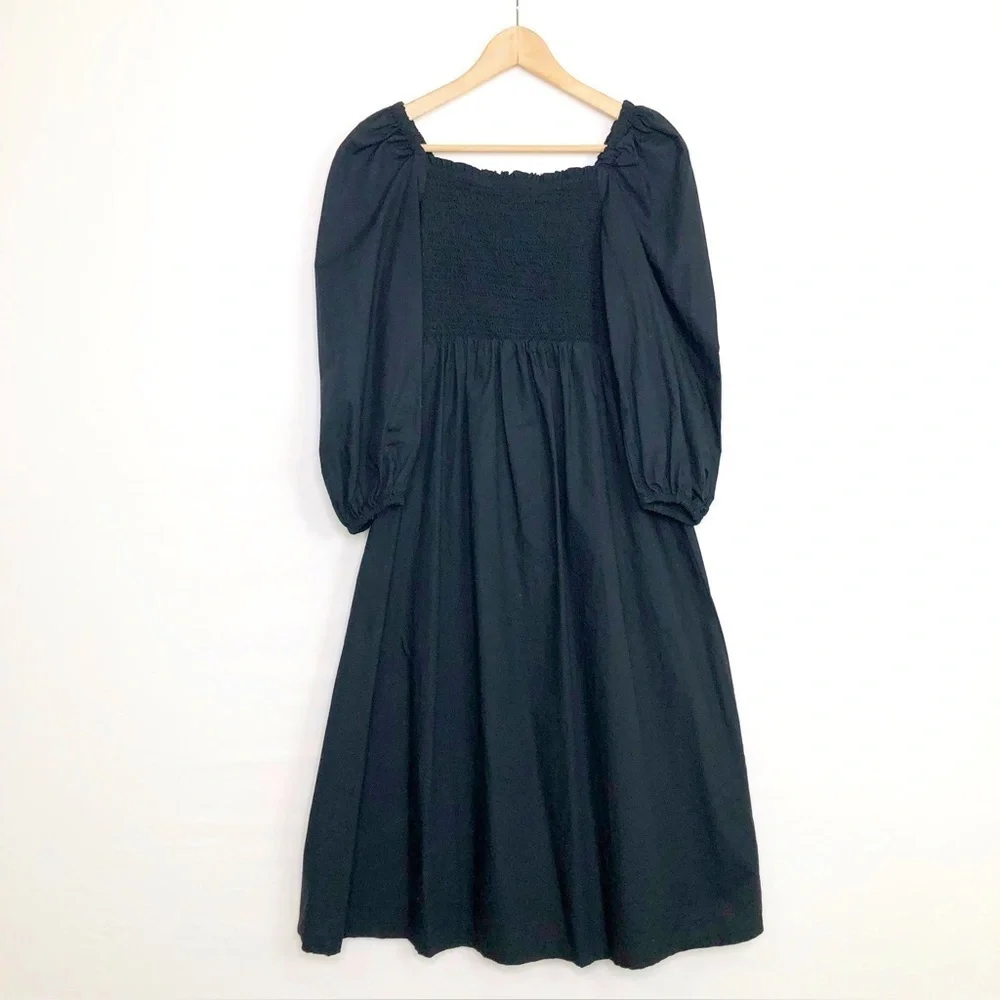 J Crew black smocked bodice puff sleeve, midi dress